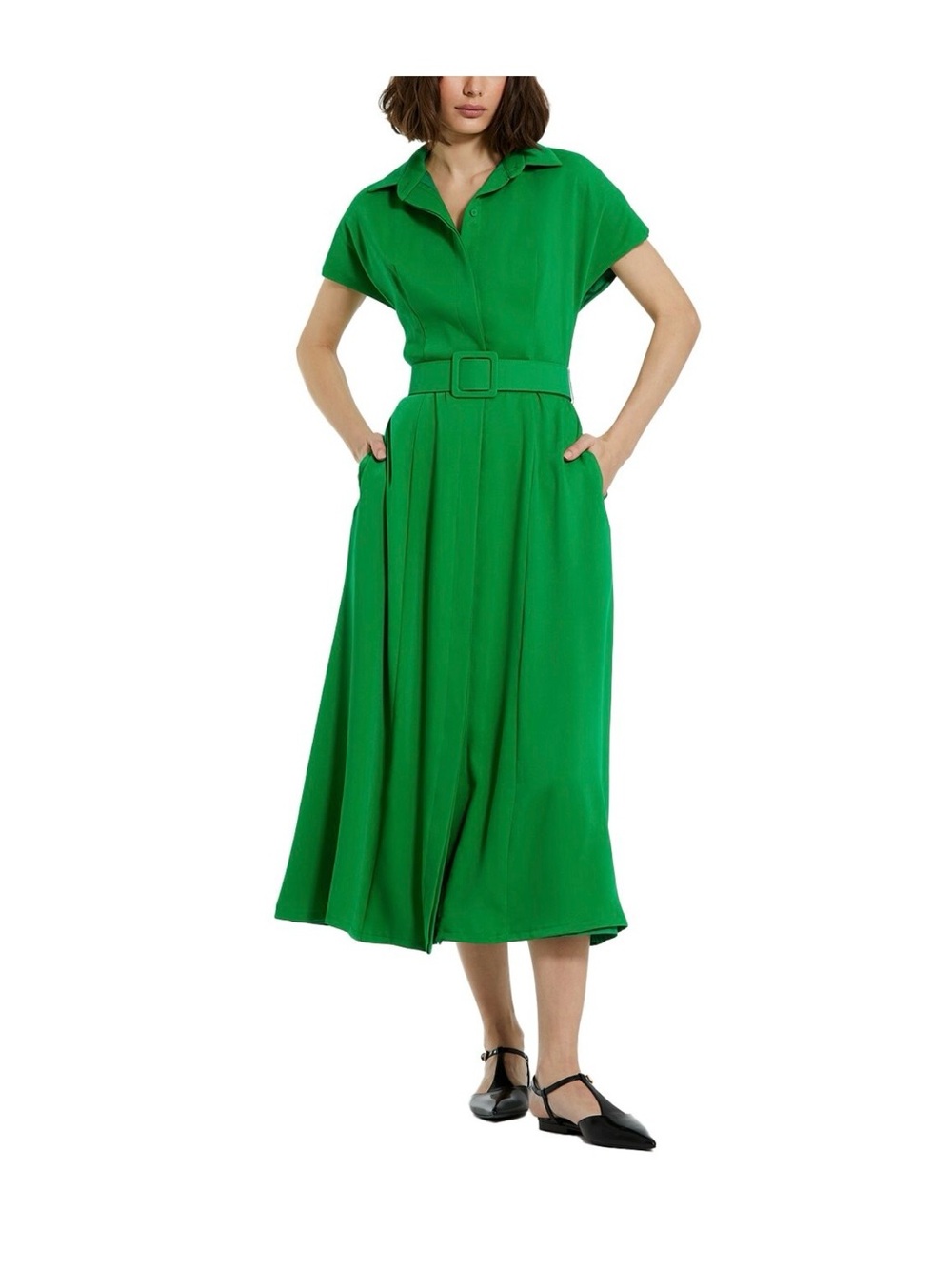 Mac Duggal Crepe  Collared Midi Dress with Belt Green